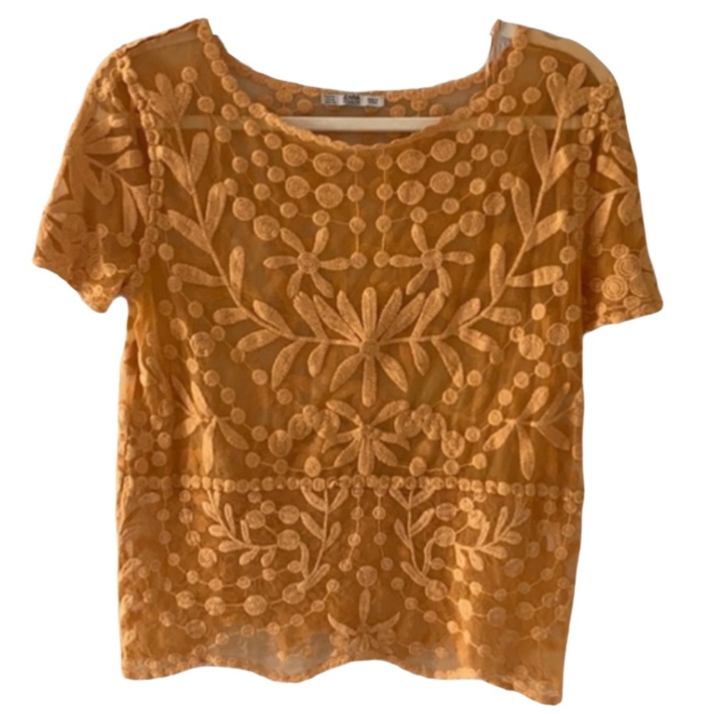 Zara Mustard Floral Lace Sheer Scallop Trim Top